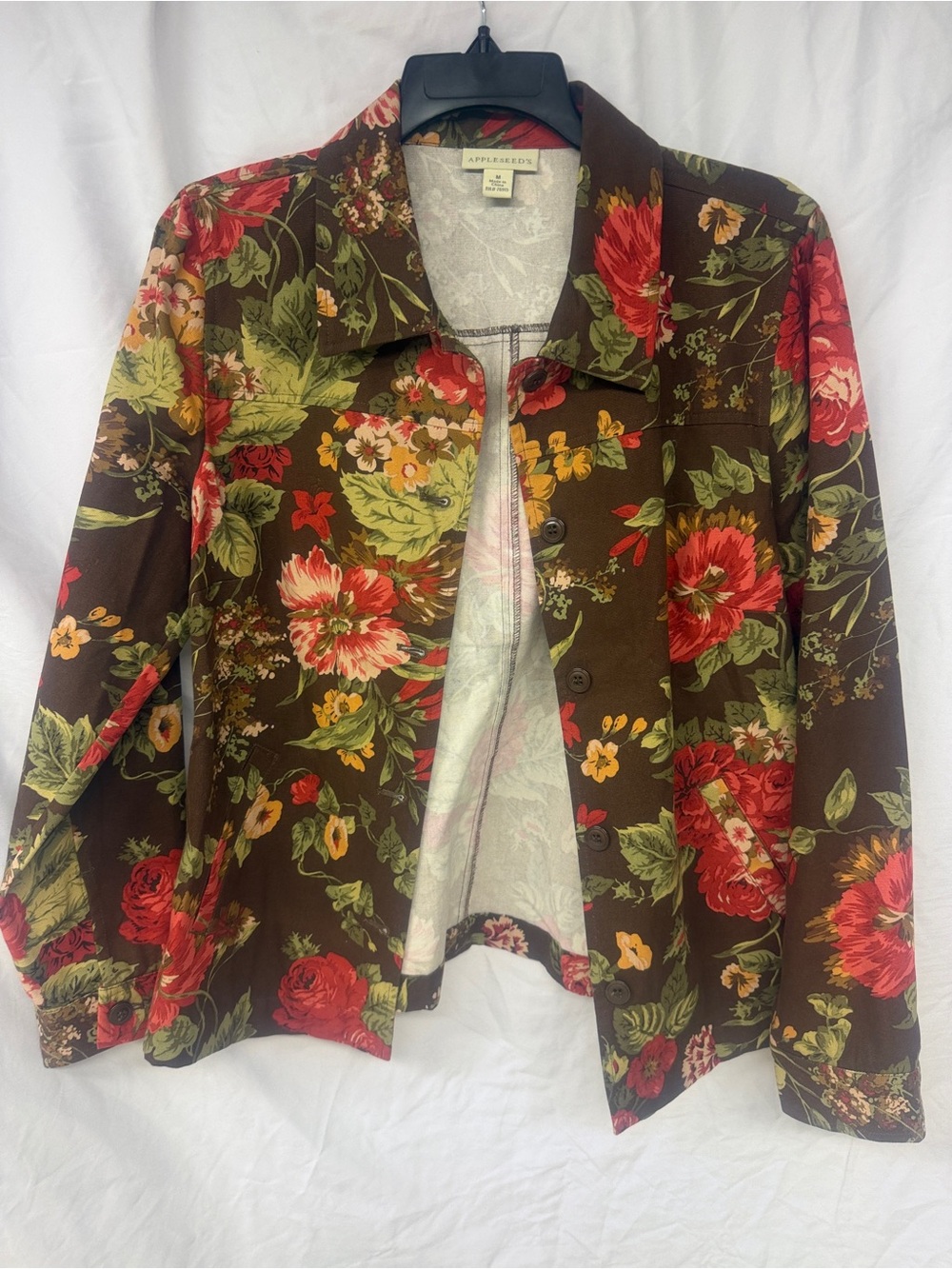 Appleseed's Brown Floral Button-Front Jacket with Red & Green Accents